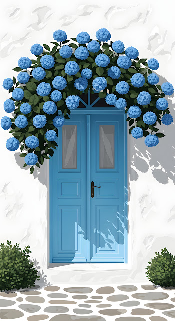Santorini Blue Door with Hydrangea Arch - Free mobile Wallpaper