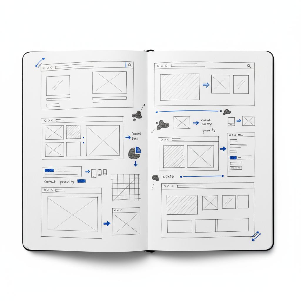 Top-down sketchbook spread of hand-drawn website wireframes, navigation flows and content-priority sketches in brand ink with #1a5bfb accents &mdash; visual for website designer cost article.
