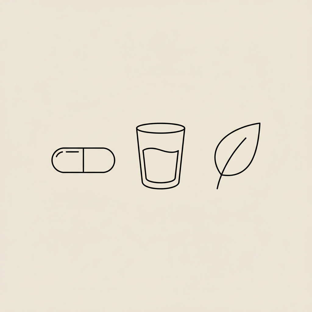 Minimalist Tonum-style vector line illustration of a capsule, water glass, and leaf on beige background representing OTC weight loss supplements