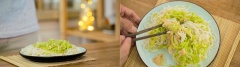 Mì vớt ra, ngâm qua nước lạnh để tơi, không bị dính và dai ngon hơn rồi vớt ra để ráo. Làm nóng dầu ăn trong chảo, cho tép và dưa leo vào xào khoảng 3 - 4 phút thì tắt bếp. Xếp mì ra dĩa, múc tép và dưa leo để lên trên rồi rưới sốt bơ đậu phộng vào và thưởng thức.