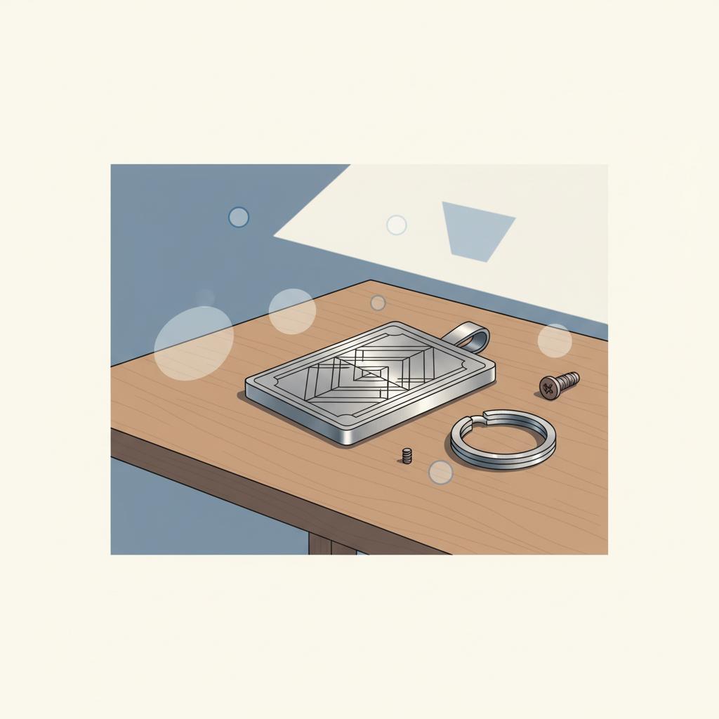 Nahaufnahme eines gravierten Metall-Anhängers auf Holztisch in minimalistischer 2D-Vektorillustration, warme industrielle Stimmung, Fokus auf Gravurdetails, bindung zwischen brüdern