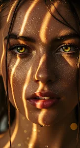 Golden Striped Light Portrait of Woman with Green Eyes