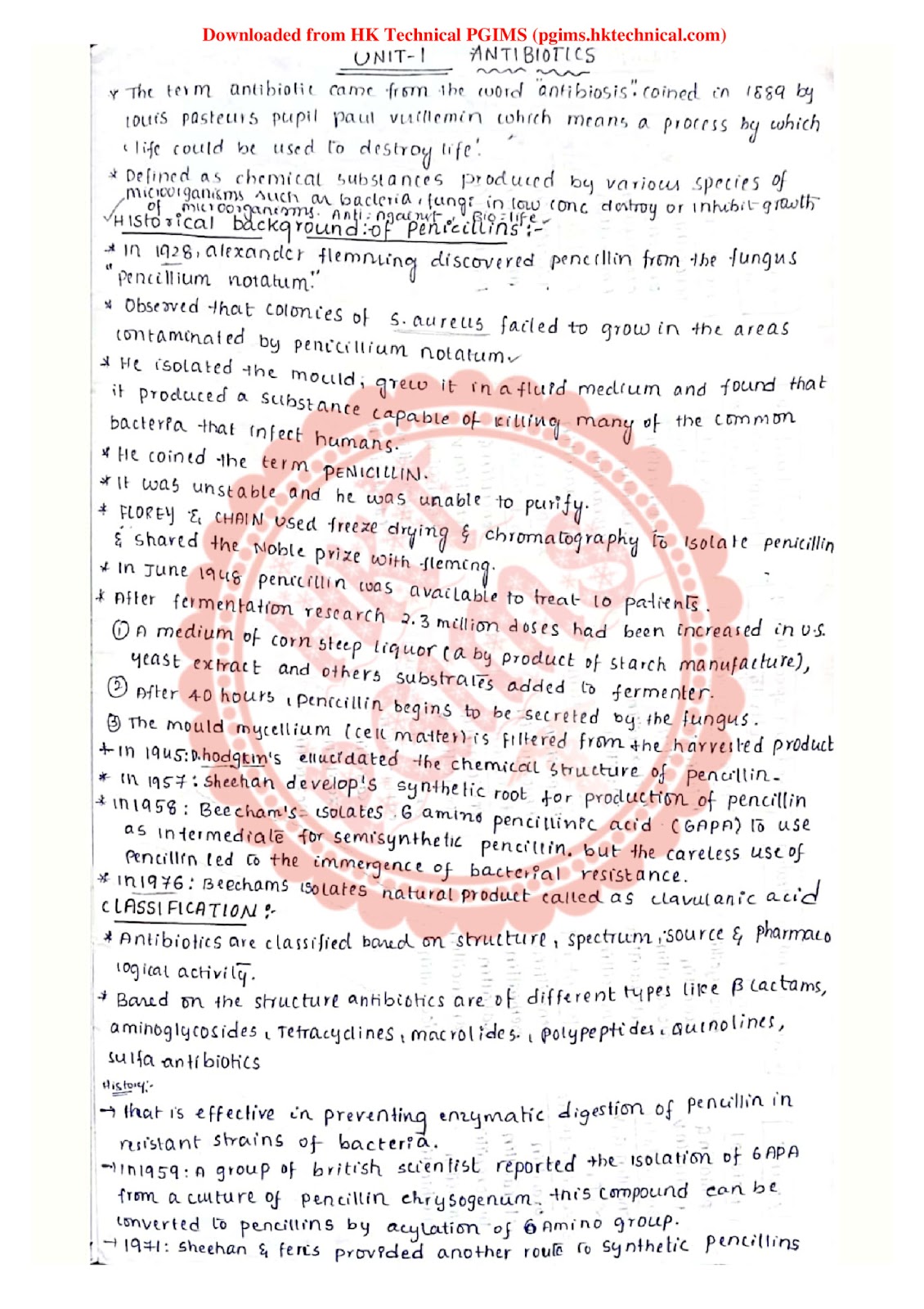 Unit -1 Antibiotics Medicinal Chemistry -III Handwritten 6th Semester B.Pharmacy ,BP601T Medicinal chemistry III,BPharmacy,Handwritten Notes,BPharm 6th Semester,Medicinal Chemistry,Important Exam Notes,