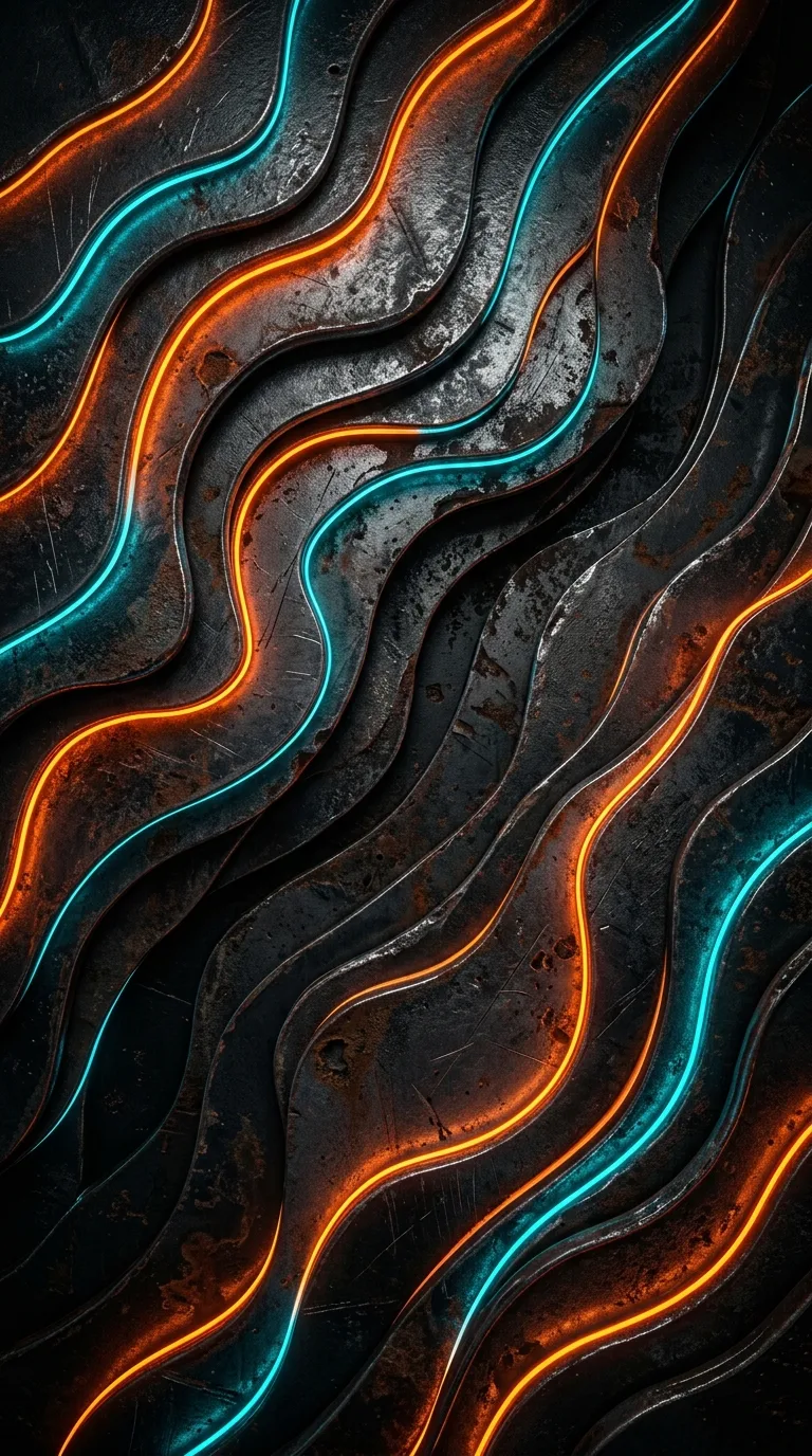 Textured Abstract Metal Layers with Orange and Teal Neon Lines - Free 8K and 4K mobile Wallpaper Background