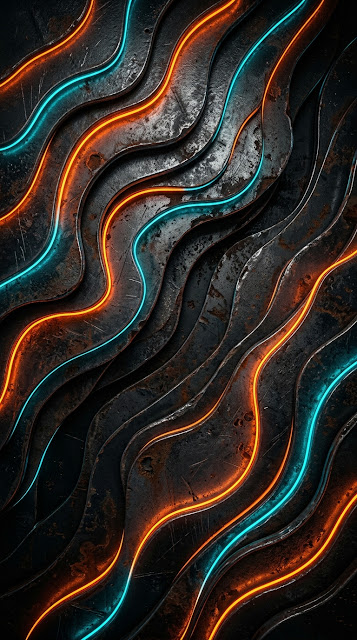 Textured Abstract Metal Layers with Orange and Teal Neon Lines - Free mobile Wallpaper