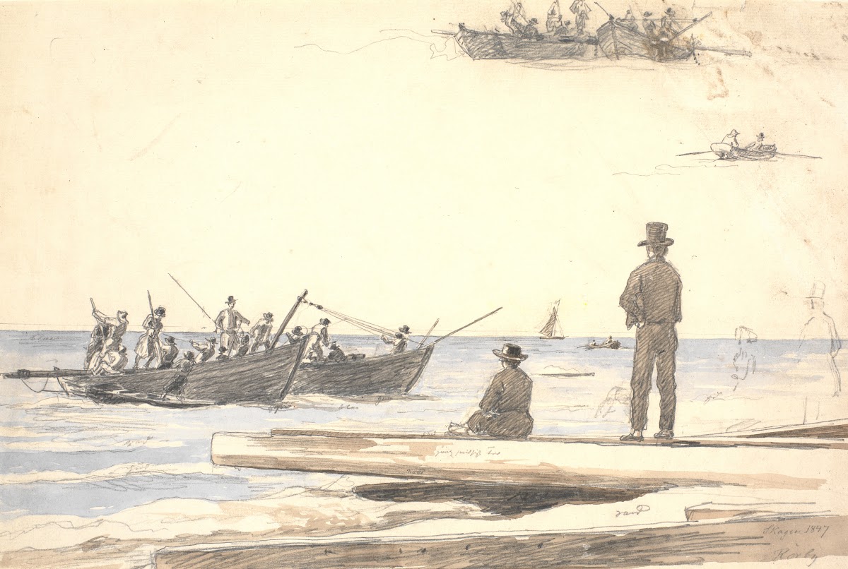 To fiskerbåde sejler ind mod Skagens strand 1846   1847