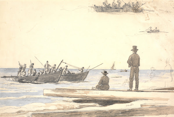To fiskerbåde sejler ind mod Skagens strand 1846   1847