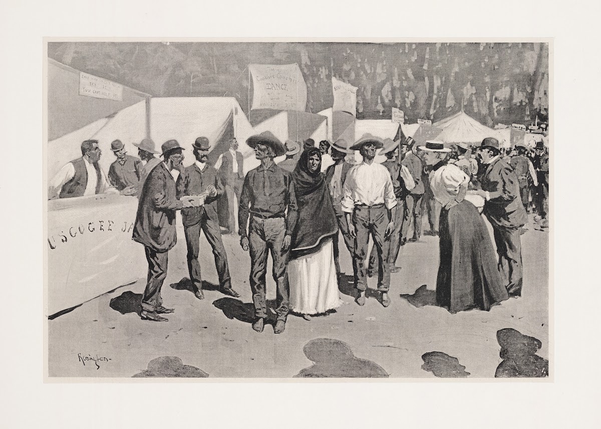Paying the Indians for the Cherokee stripscenes around the government paymasters