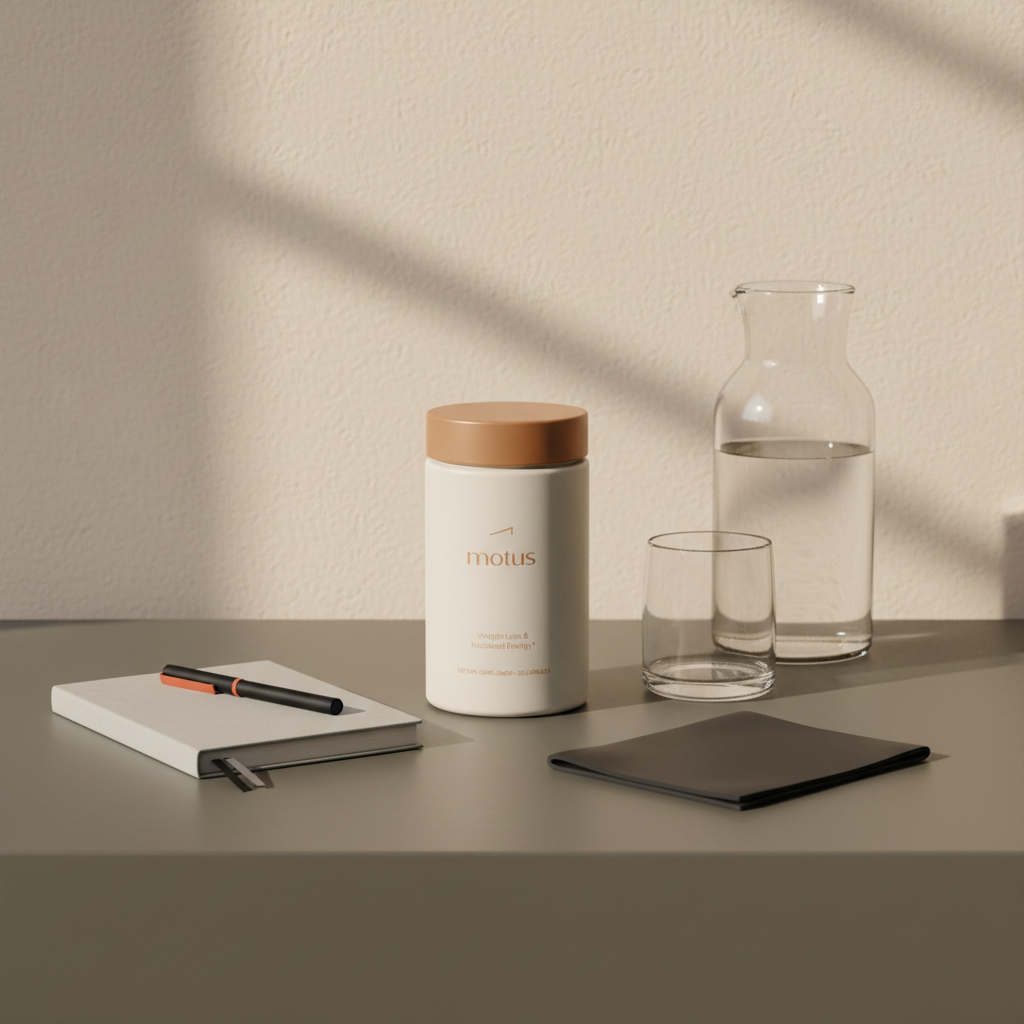 Tonum Motus jar on a tidy bedside table with notebook, pen, glass carafe and folded resistance band, evoking a morning routine for menopause weight gain treatment.