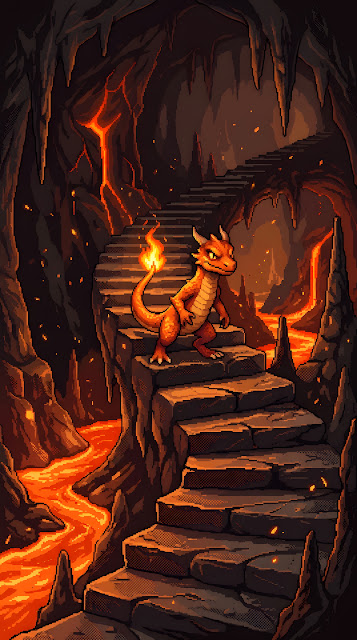Pixel Art Illustration of a Fire Lizard Character in a Lava Cave - Free mobile Wallpaper