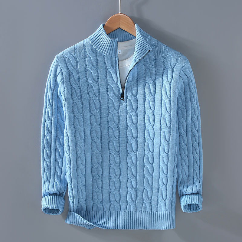Men's Knitted Sweater with Zipper and Stand-Up Collar