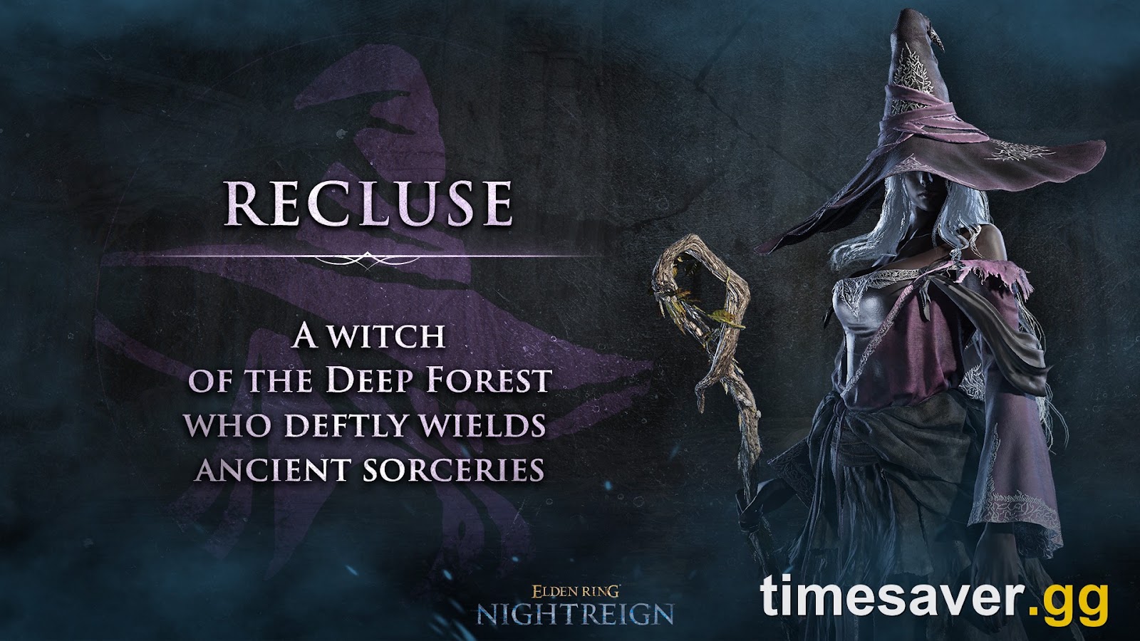 Elden Ring Nightreign Recluse character card — a hooded witch of the deep forest wielding ancient sorceries