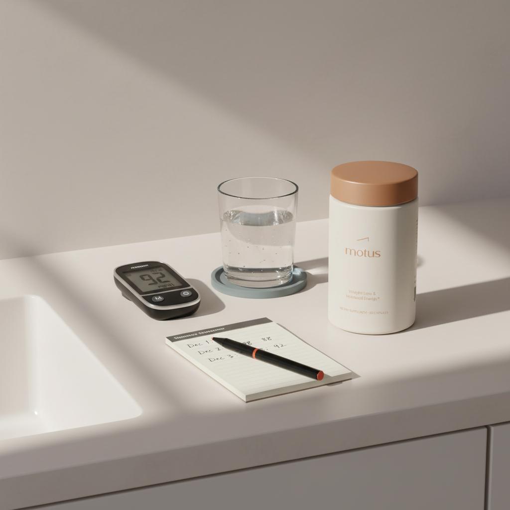 berberine results timeline - minimalist kitchen counter with glucose meter, handwritten fasting glucose log, and Tonum Motus supplement container on pale background