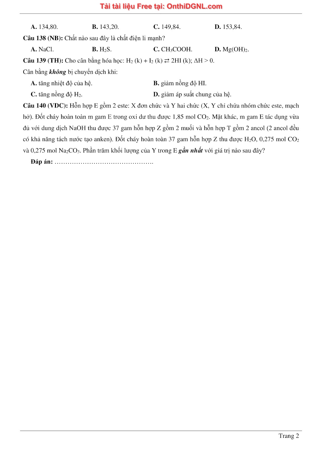 260 bài tập môn Hóa học - Ôn thi ĐGNL ĐHQG Hà Nội Phần 11