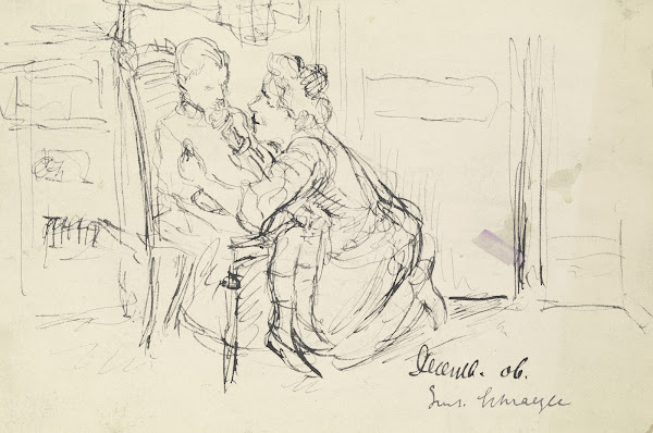 Frau kniet vor einem im Stuhl sitzendem Kind 1906