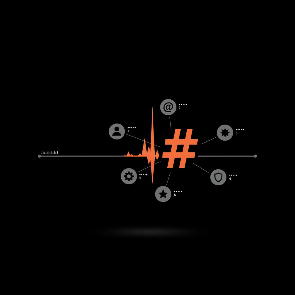 Minimalist full-frame infographic showing a timeline spike with a large orange hashtag surrounded by small gray account icons, illustrating how many hashtags to trend on Twitter