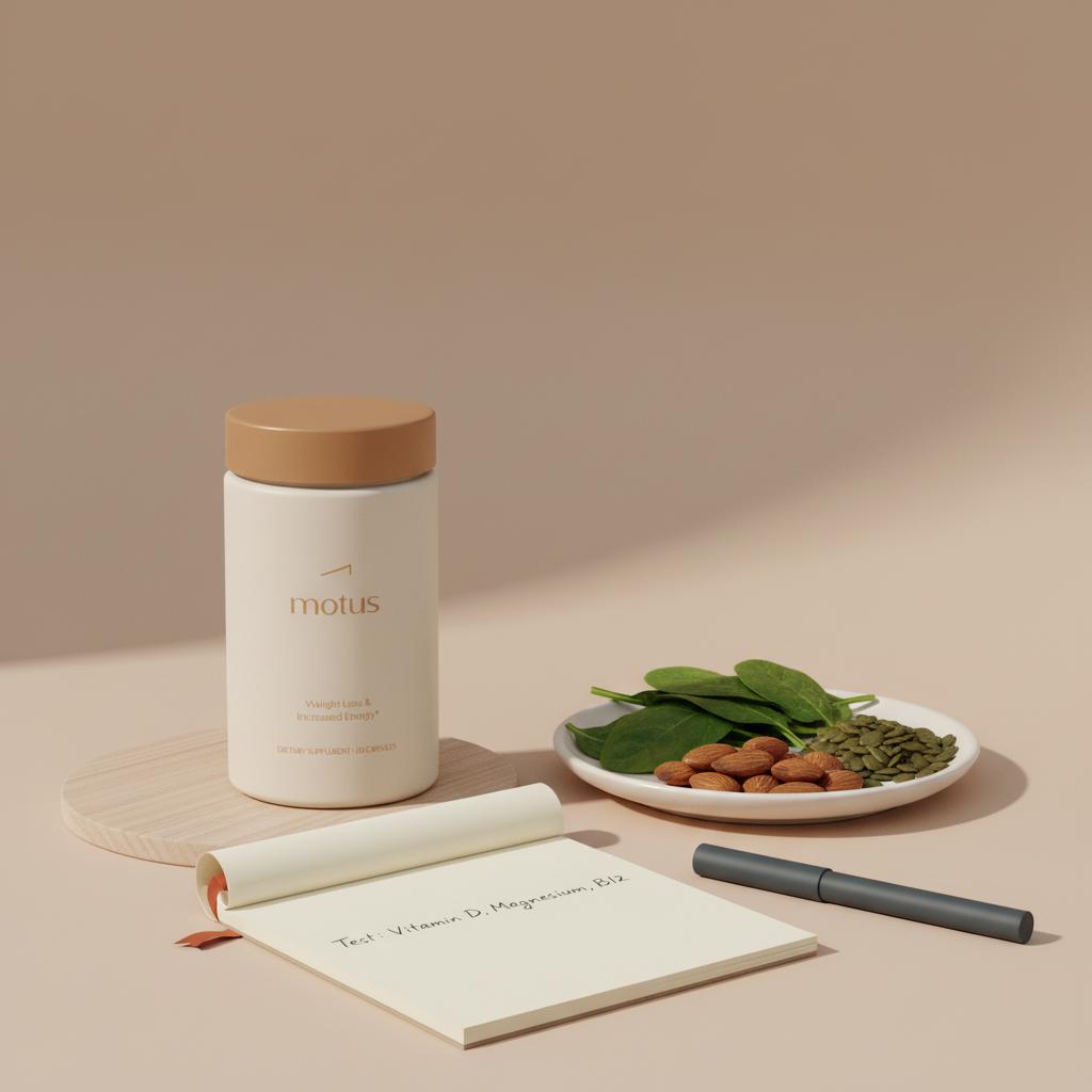 Tonum Motus container beside spinach, almonds and a notepad listing 'Test: Vitamin D, Magnesium, B12' to regulate blood sugar.