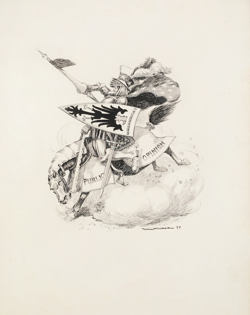 Uncle Sam as a knight riding a horse armored in public opinion and carrying a sh