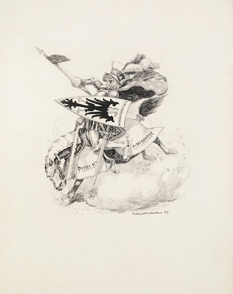 Uncle Sam as a knight riding a horse armored in public opinion and carrying a sh