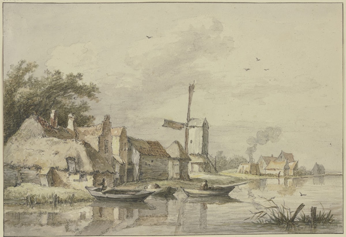 Dorf mit einer Windmühle am Wasser