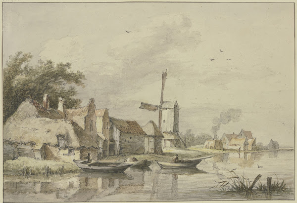 Dorf mit einer Windmühle am Wasser
