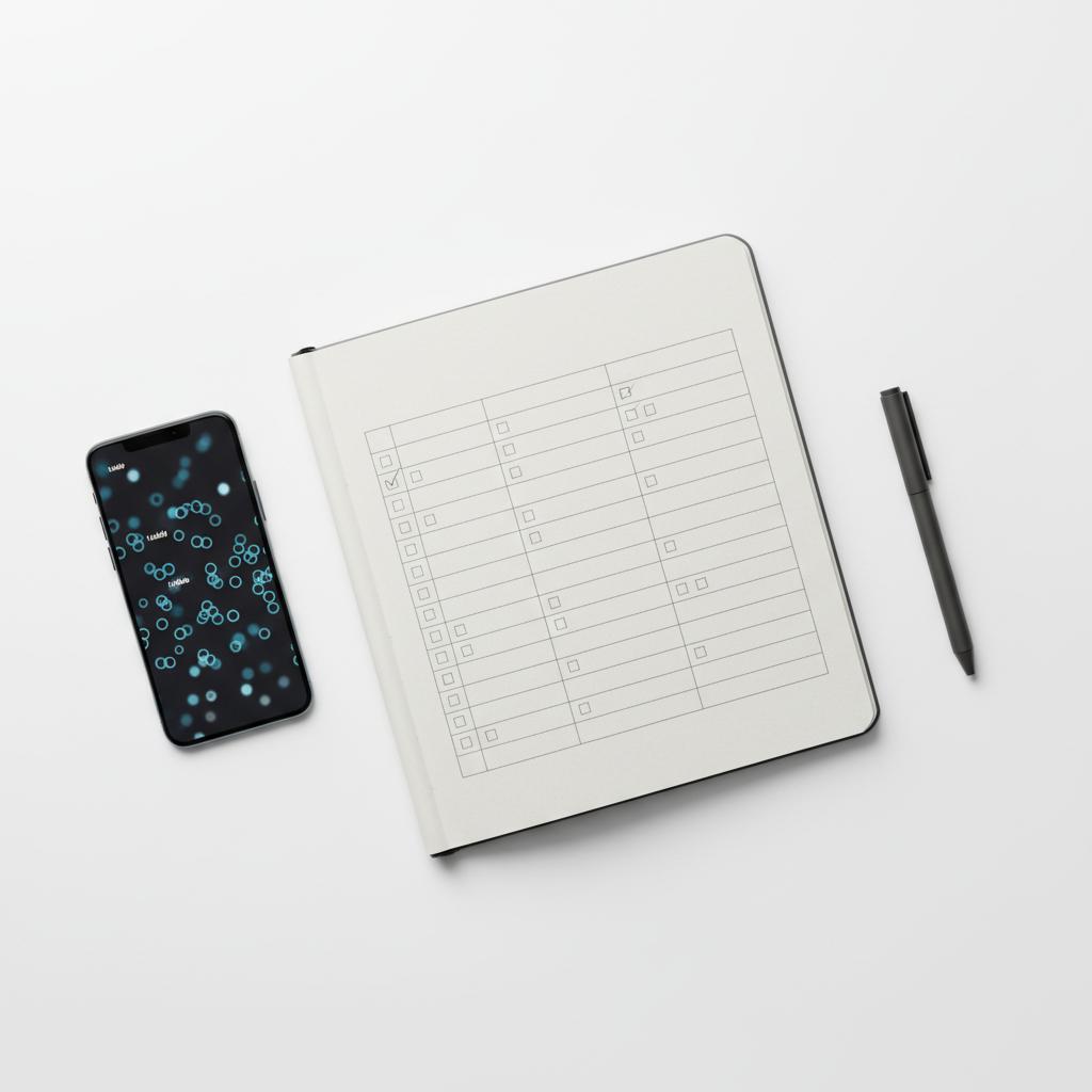 Top-down minimal workspace with a hand-sketched spreadsheet and checklist, smartphone and pen on a white desk, conceptualizing Angie's List leads tracking.