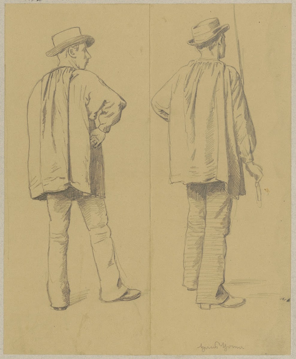 Two studies of men in loose shirts and hats depicted from the back 1880   1900