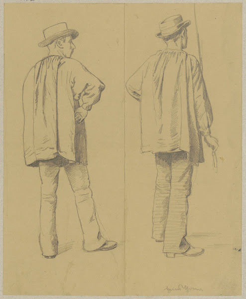 Two studies of men in loose shirts and hats depicted from the back 1880   1900