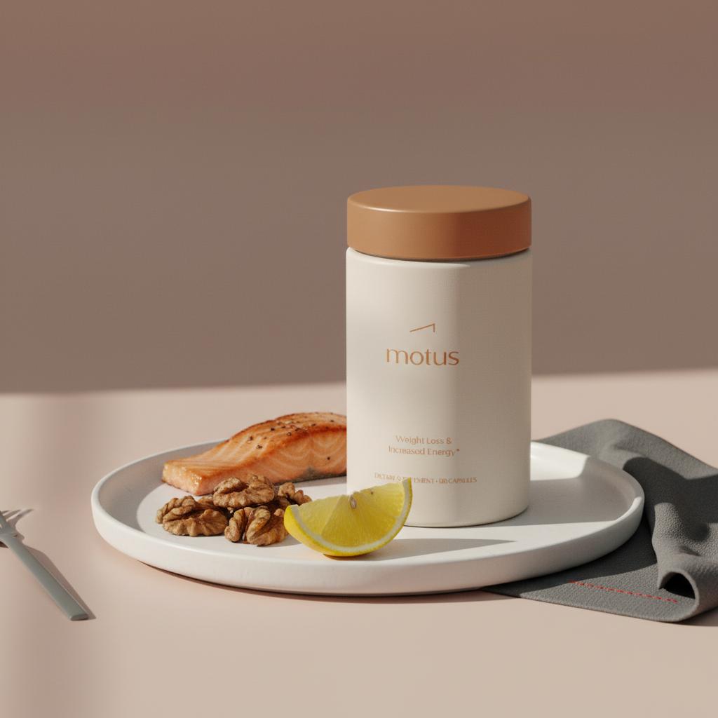 Tonum Motus supplement on a ceramic plate with salmon, walnuts and lemon wedge to illustrate foods that help reverse fatty liver quickly.