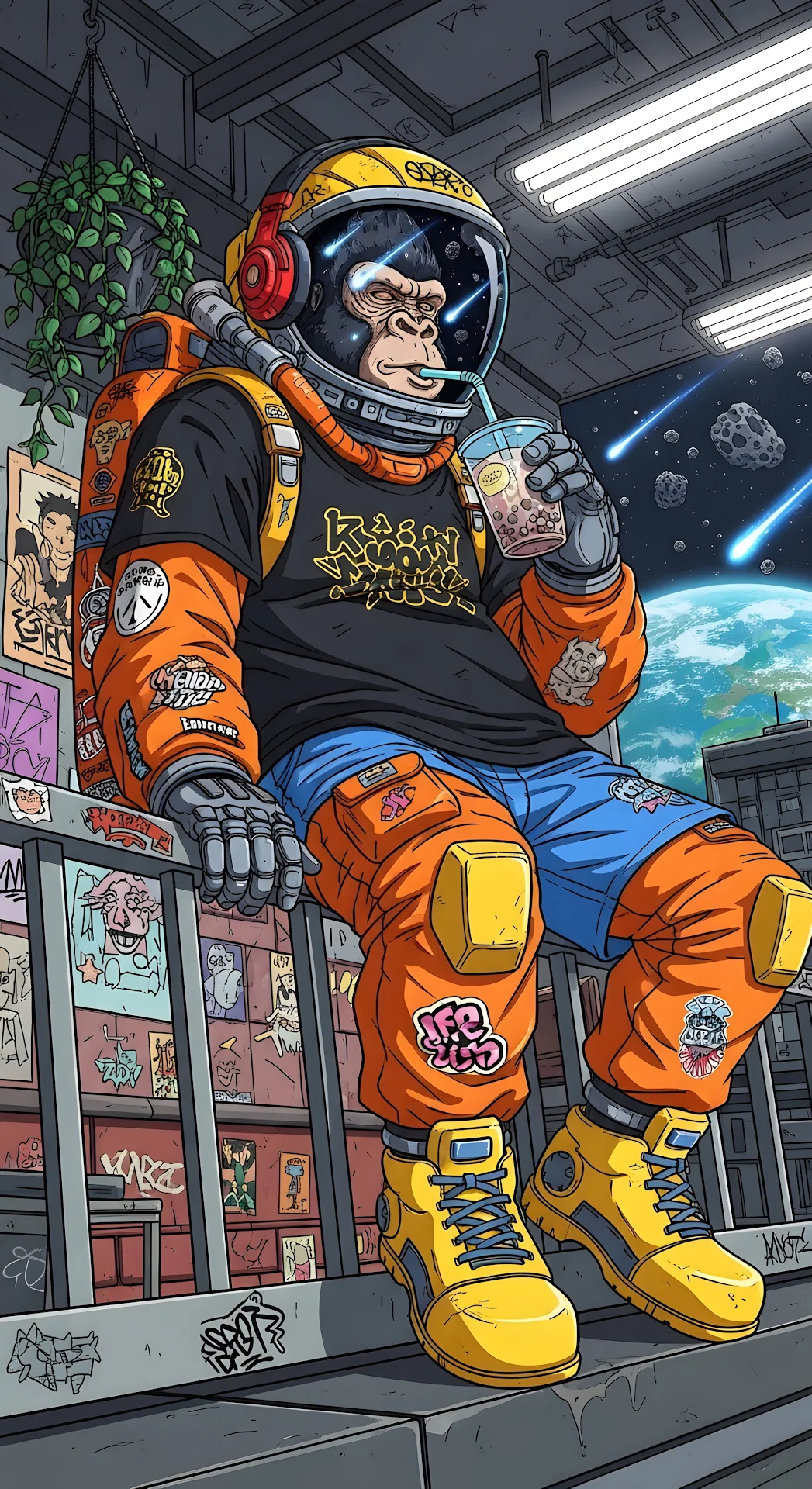Streetwear Ape Astronaut Drinking Boba Tea with Earth View - Free 4K mobile Wallpaper