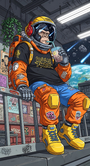 Streetwear Ape Astronaut Drinking Boba Tea with Earth View - Free mobile Wallpaper