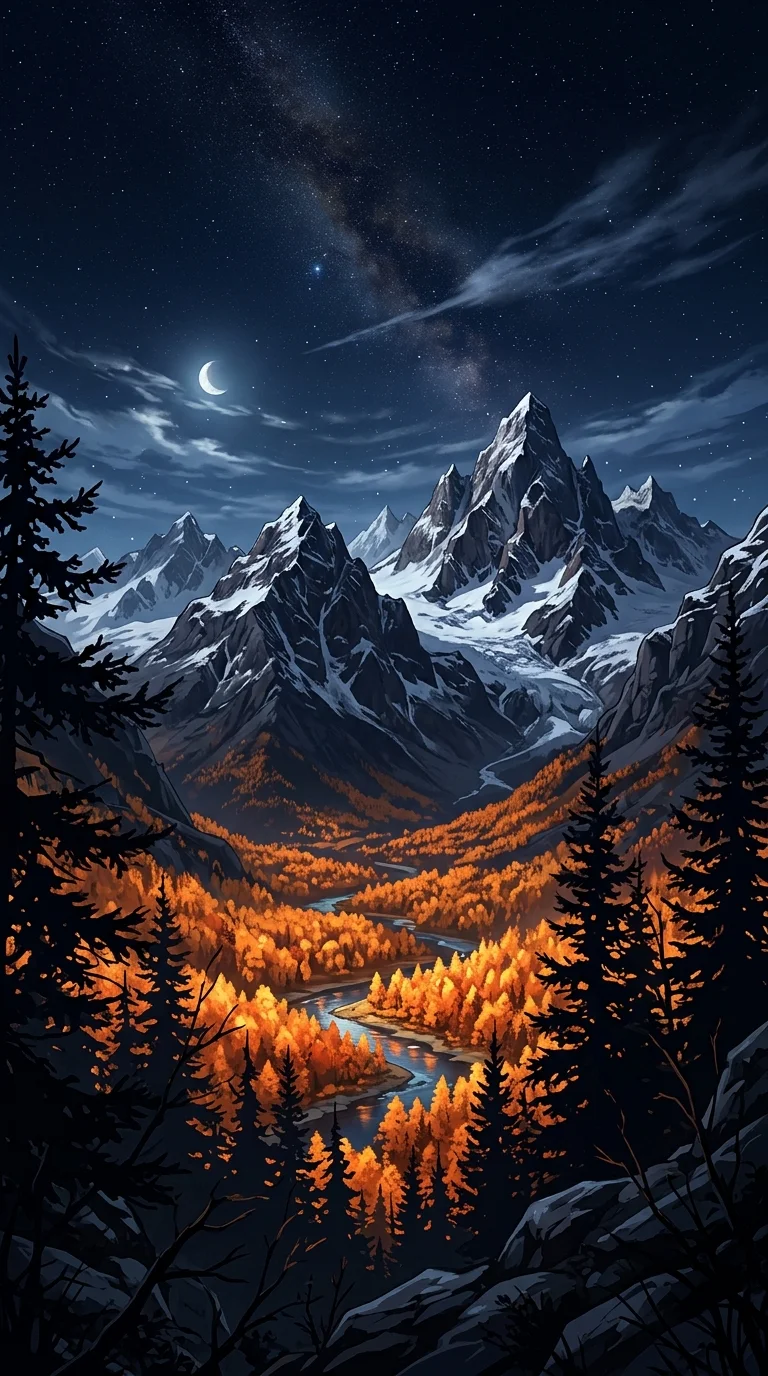 Autumn Mountain Valley Illustration in Anime Aesthetic - Free 4K mobile Wallpaper