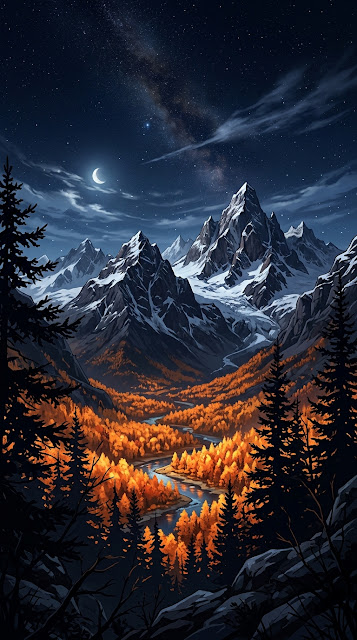 Autumn Mountain Valley Illustration in Anime Aesthetic - Free mobile Wallpaper