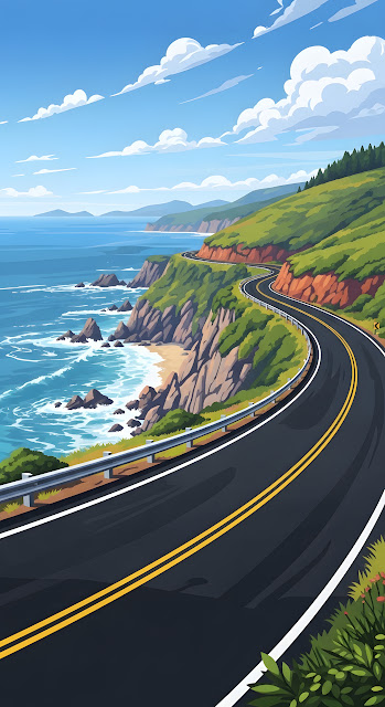 Scenic Coastal Highway Drive Illustration Big Sur Style - Free mobile Wallpaper