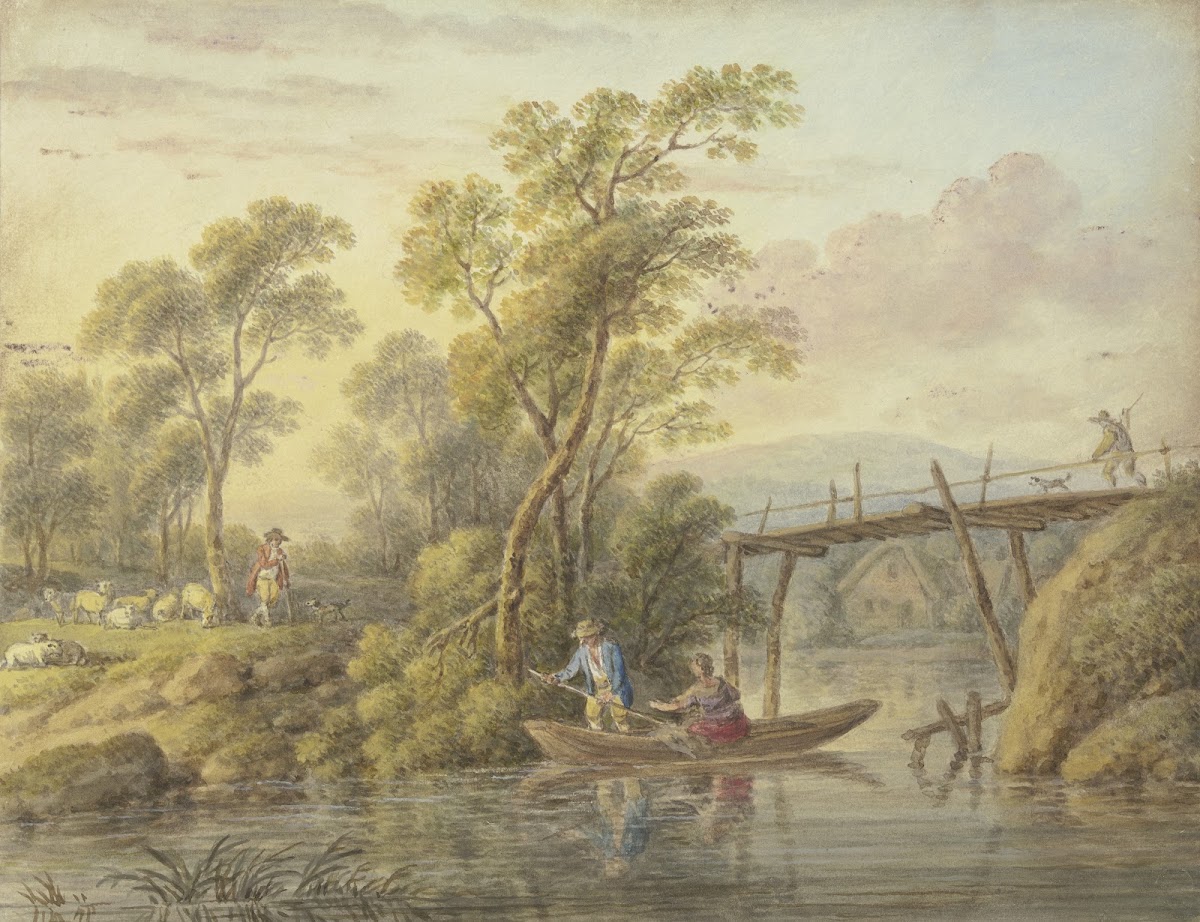 Landschaft mit einem Bach über den eine hölzerne Brücke führt
