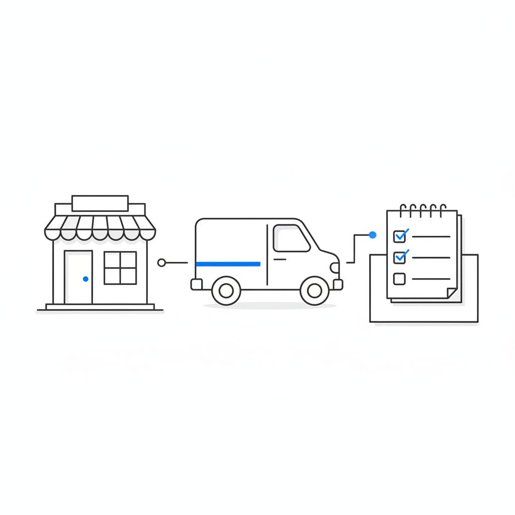 Minimal vector illustration of a shopfront, service van, and a checklist notepad on a table, sketched in Agency Visible palette for Google Local service ads reviews