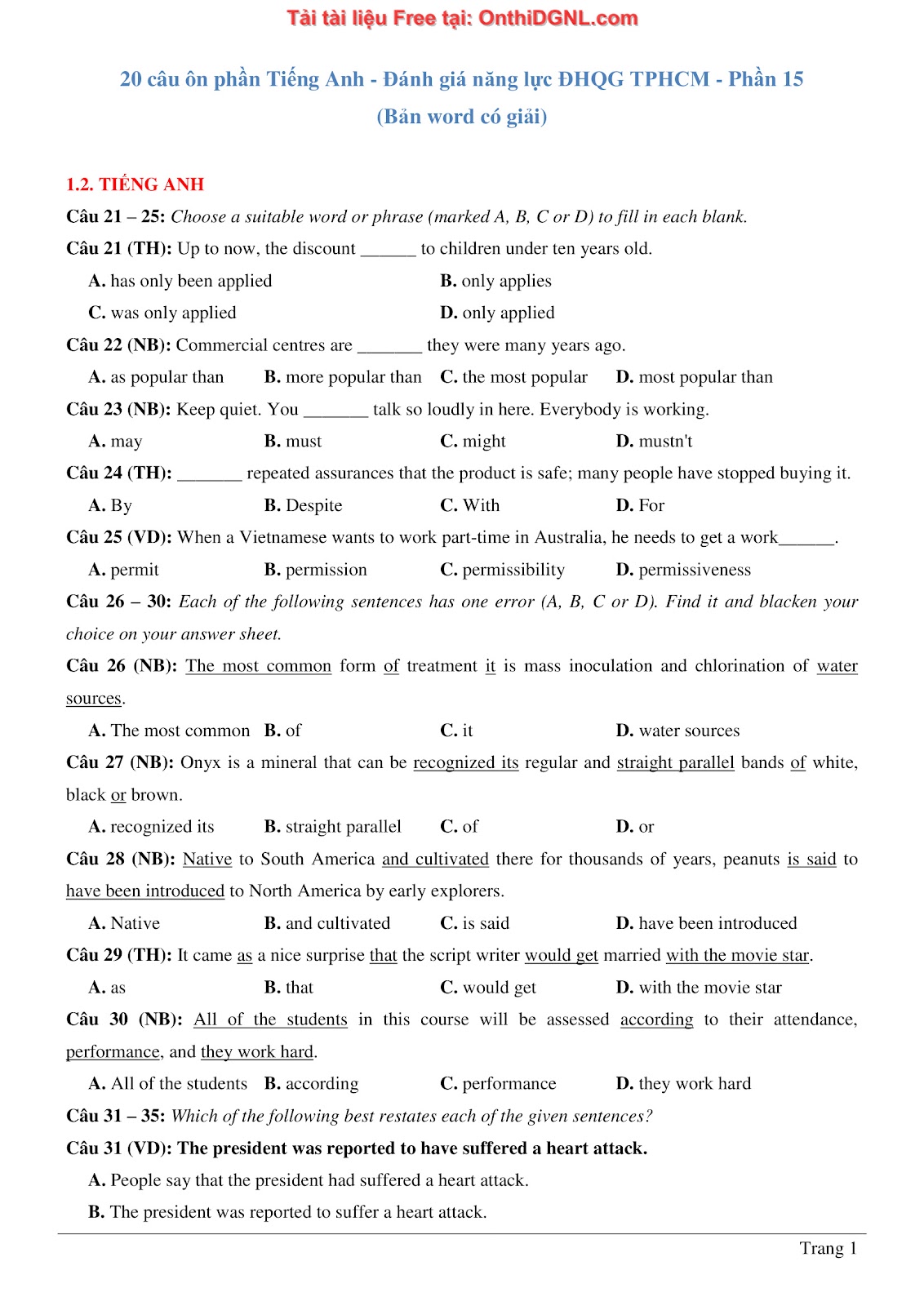 800 bài tập môn Tiếng Anh - Ôn thi ĐGNL ĐHQG TP HCM Phần 15