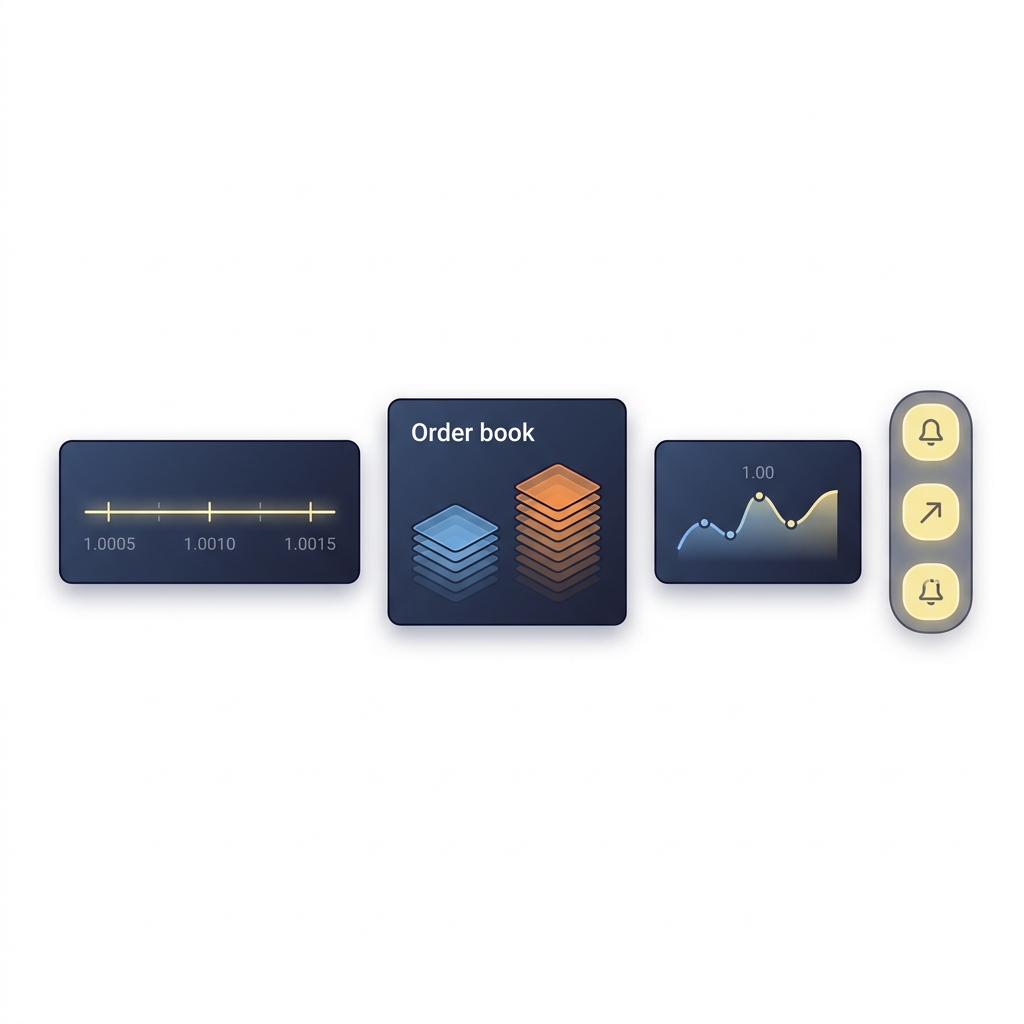 Minimalist 2D vector dashboard mockup showing real time spreads depth and turnover with a tiered alert indicator illustrating How Market Liquidity Can Influence Pricing