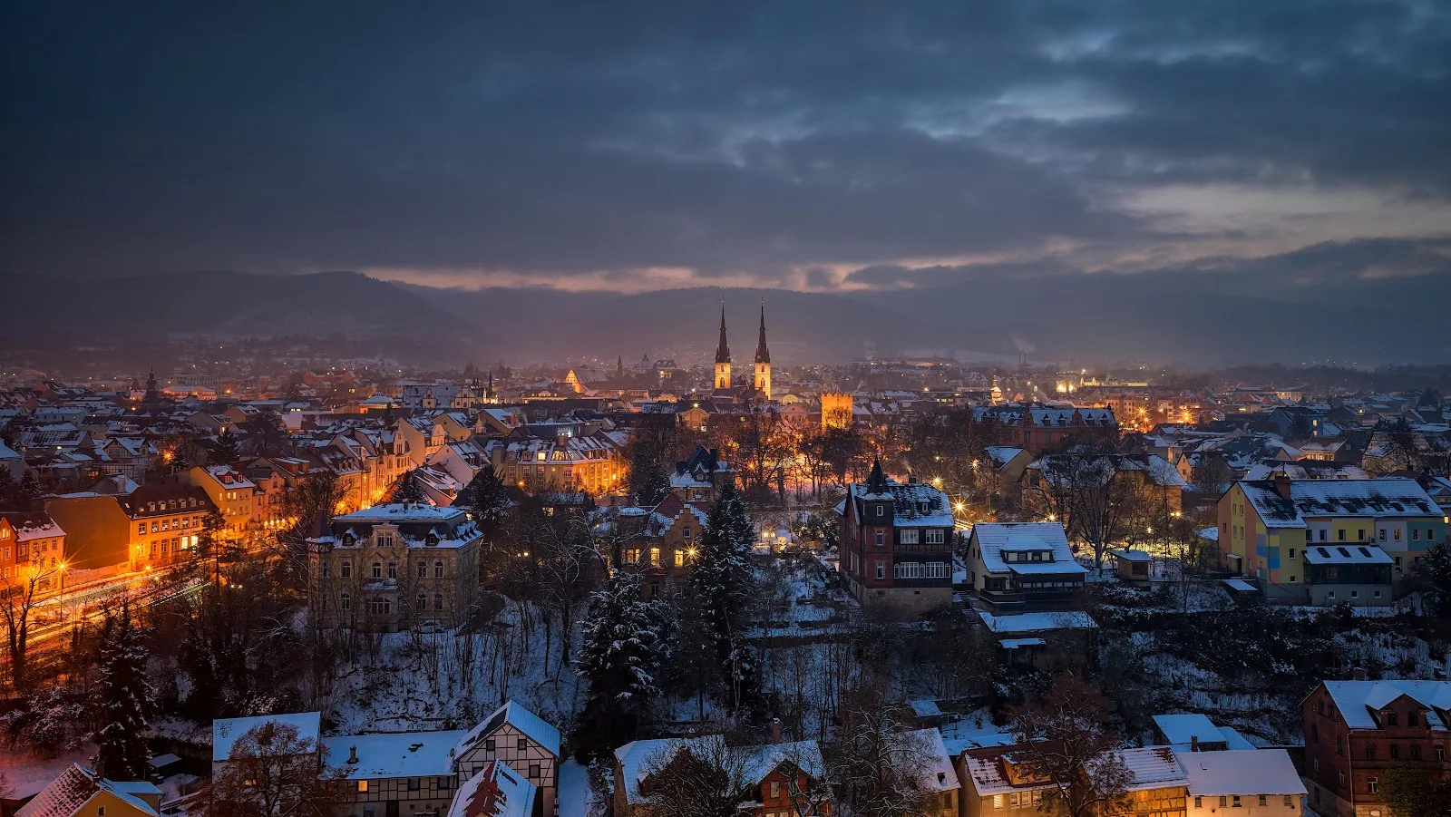 Snowy European Town at Dusk - Cityscape Photography 5K Wallpaper (6126x3448)