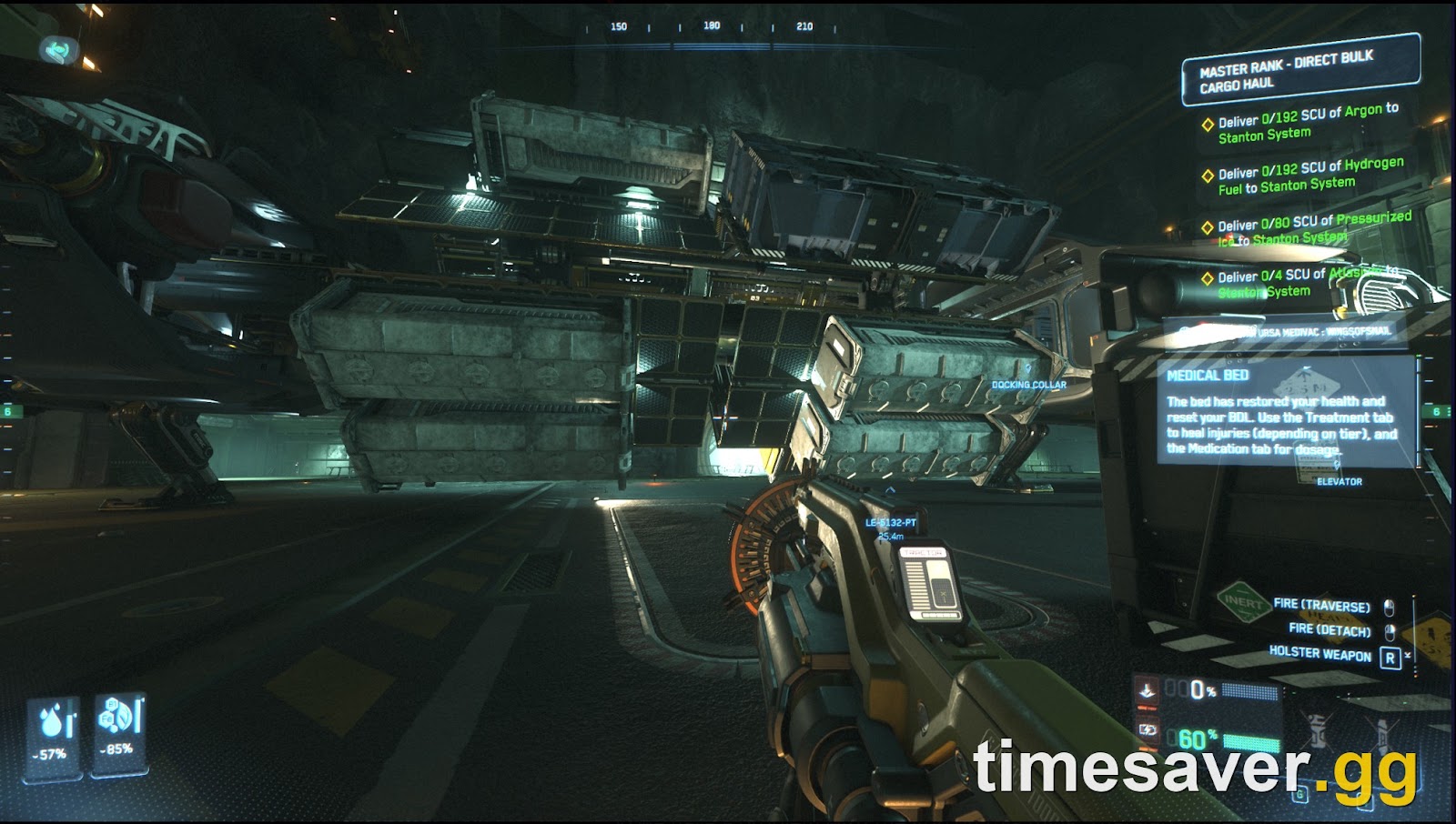 External cargo containers loaded on a Star Citizen hauling ship during a cargo mission