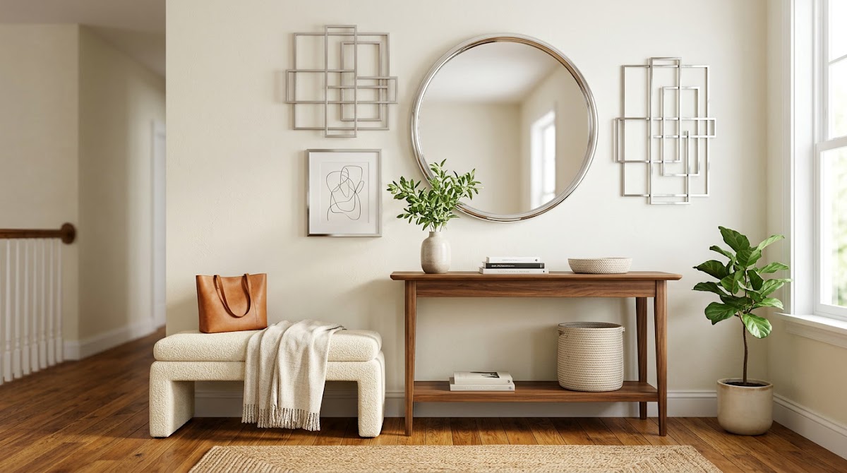 How to Brighten a Dark Entryway With Chrome Wall Decor - small apartment chrome furniture measured beside warm wood storage