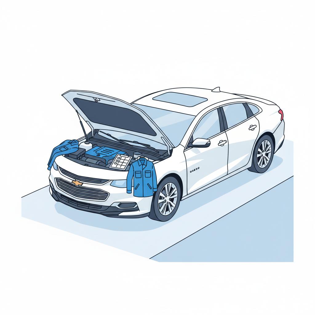 Minimalist 2D vector of an open Chevy Malibu engine bay in a driveway with a blank checkbox clipboard on the fender chevy malibu for sale