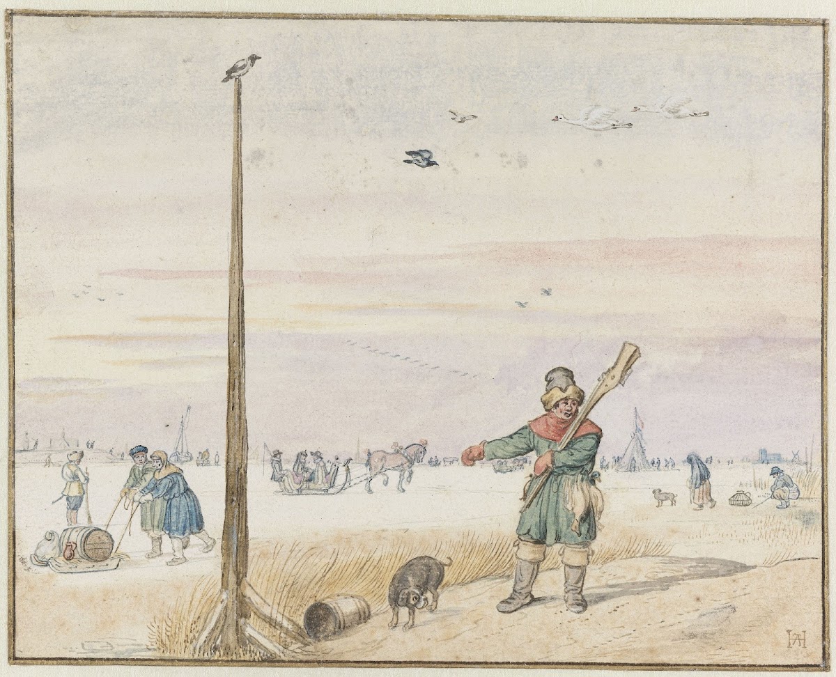 Winter Landscape With A Duck Hunter With Game In His Belt And His Gun Over His S