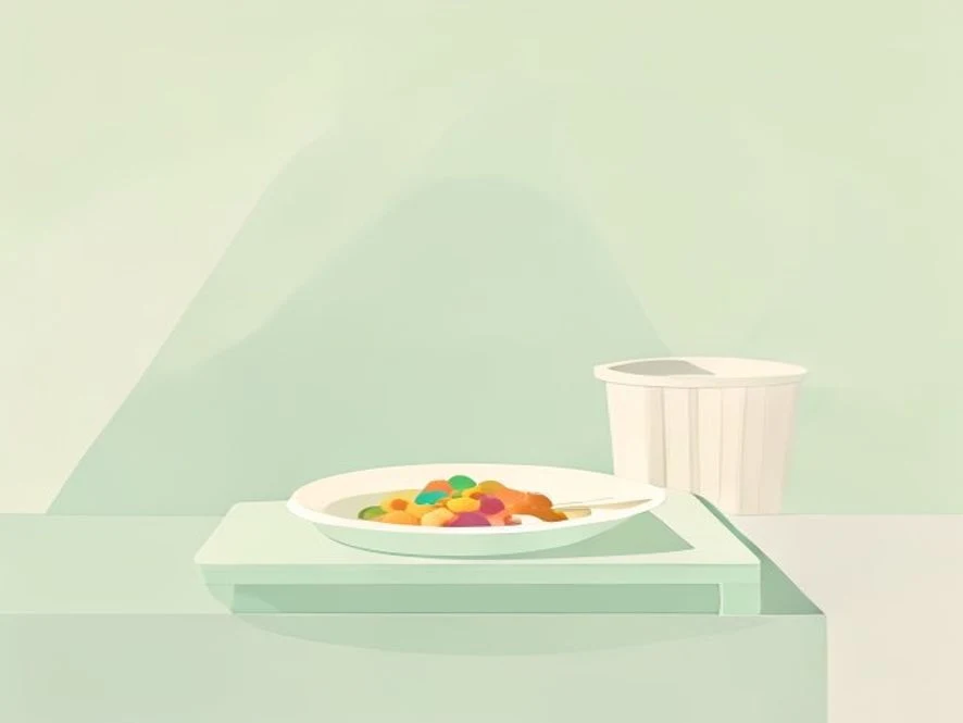 민트 그린과 화이트 톤의 아기 식탁 의자 위에 건강한 이유식이 담긴 그릇과 숟가락, 컵이 깔끔하게 놓여 있는 플랫 벡터 일러스트레이션.