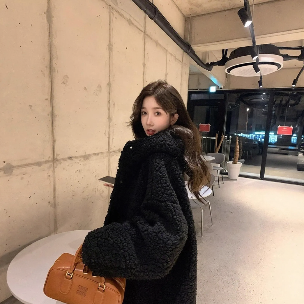 Faux shearling coat with hood, lined