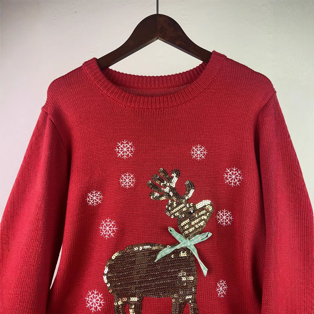 Women's Christmas Sweater with Reindeer Embroidery and Sequins