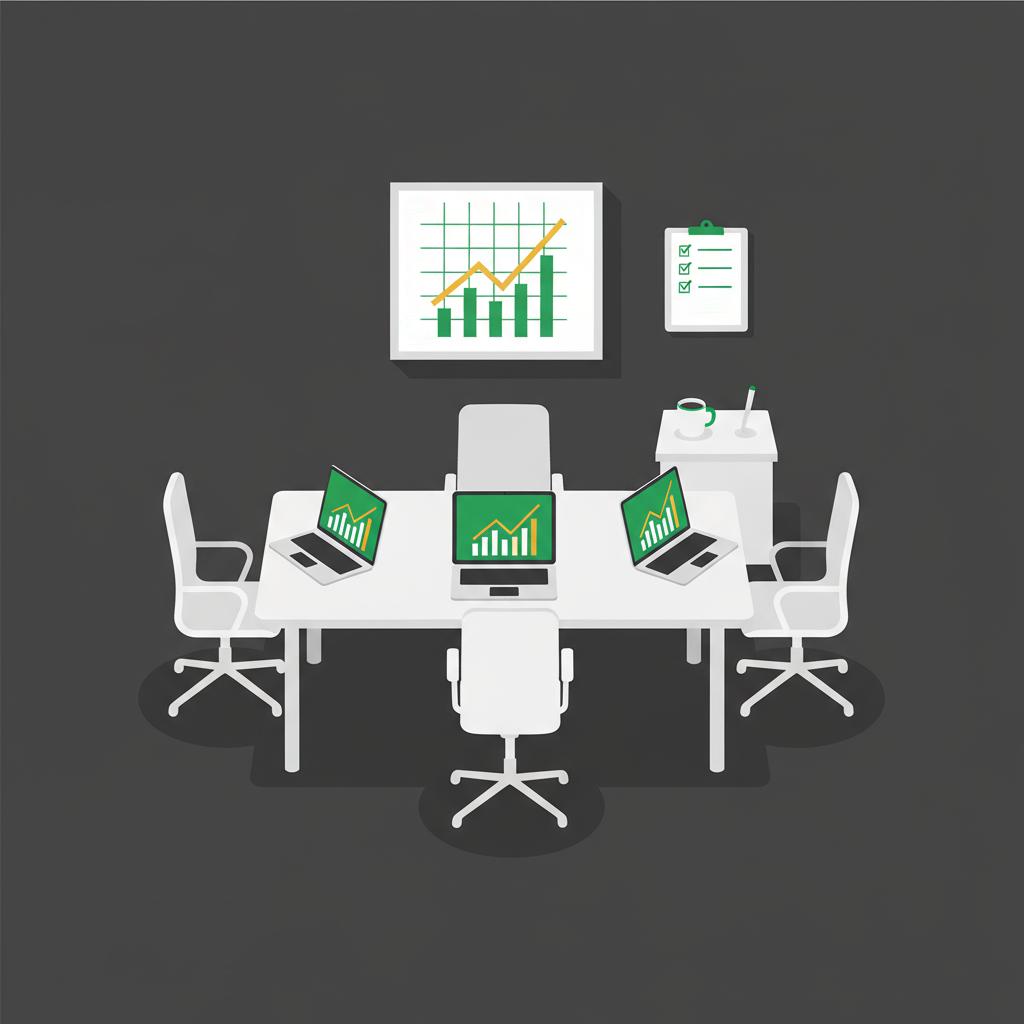 Minimalist 2D vector office scene with empty meeting table charts and checklist icons representing how do you start a hedge fund
