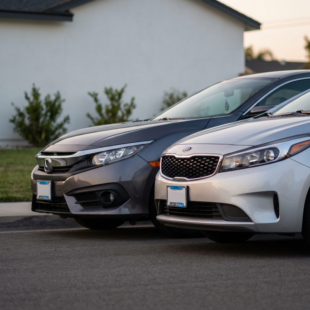 Honda vs Kia comparison showing a close angled front profile of a Honda Civic and Kia Forte side by side on a suburban street at dusk with warm light and subtle 3666ed brand accents