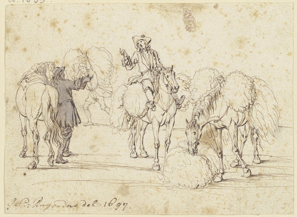 Zwei furagierende Reiter mit drei Pferden 1697