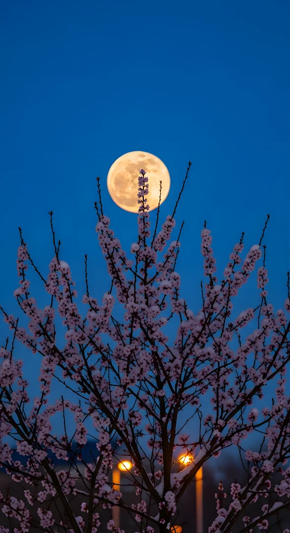 Full Moon Twilight Cherry Blossoms Night Sky Nature
